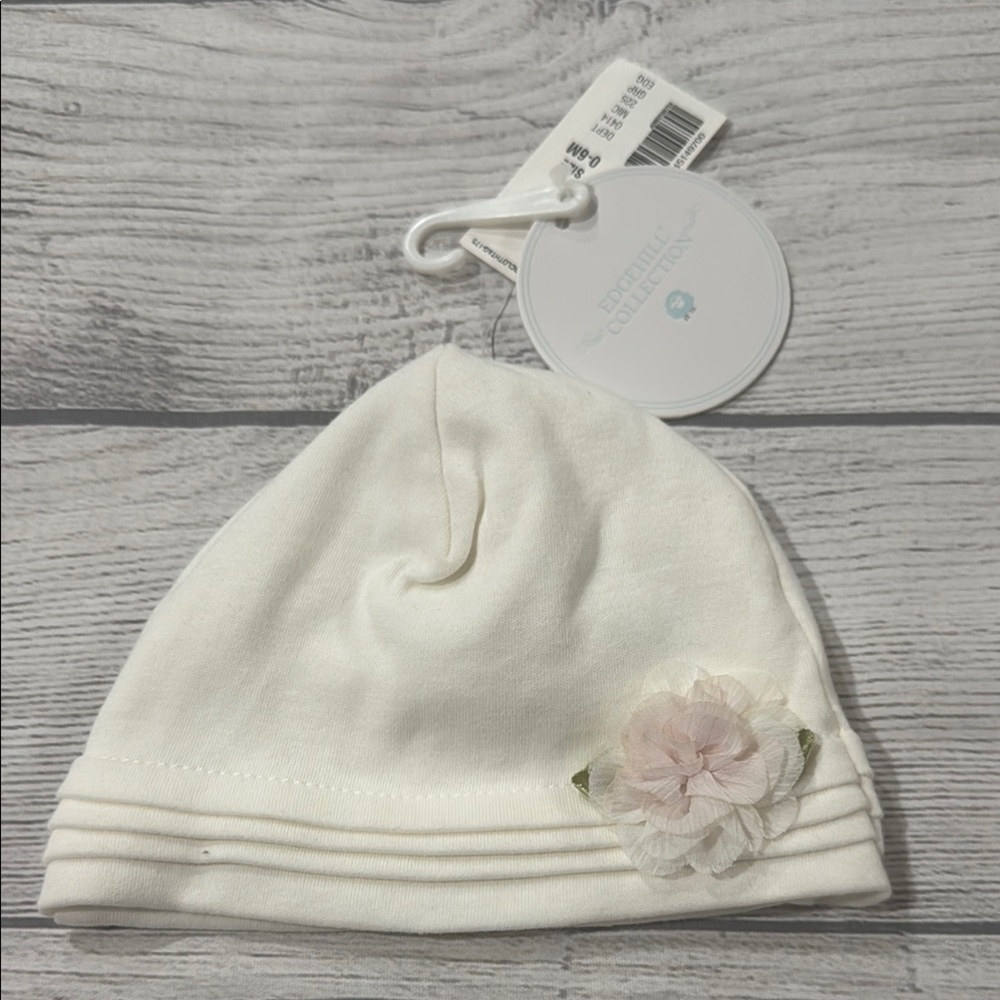 Edgehill Collection Infant Girls White Knit Hat with Floral Detail